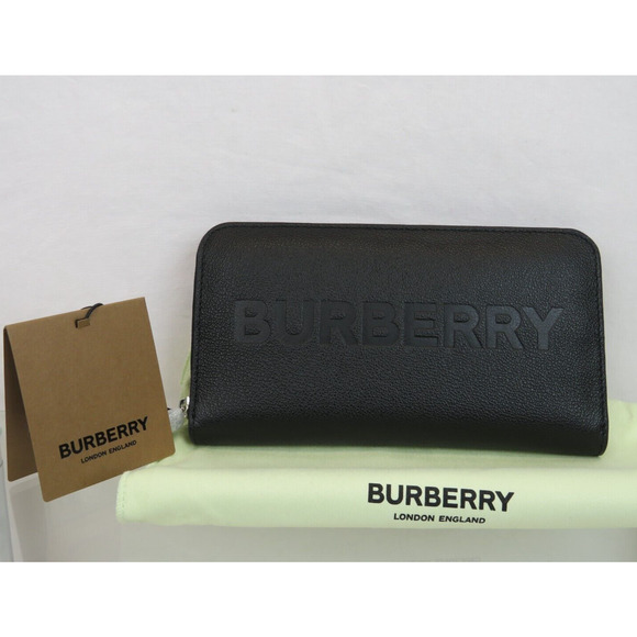 BURBERRY ELMORE BLACK LOGO EMBOSSED LEATHER ZIP AROUND CLUTCH CONTINENTAL WALLET - Picture 2 of 15